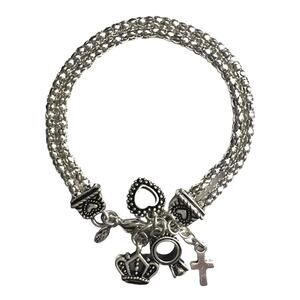 Premier Designs Jewelry Bracelet Charm Heart Crown Ring Silver Tone 7 "+